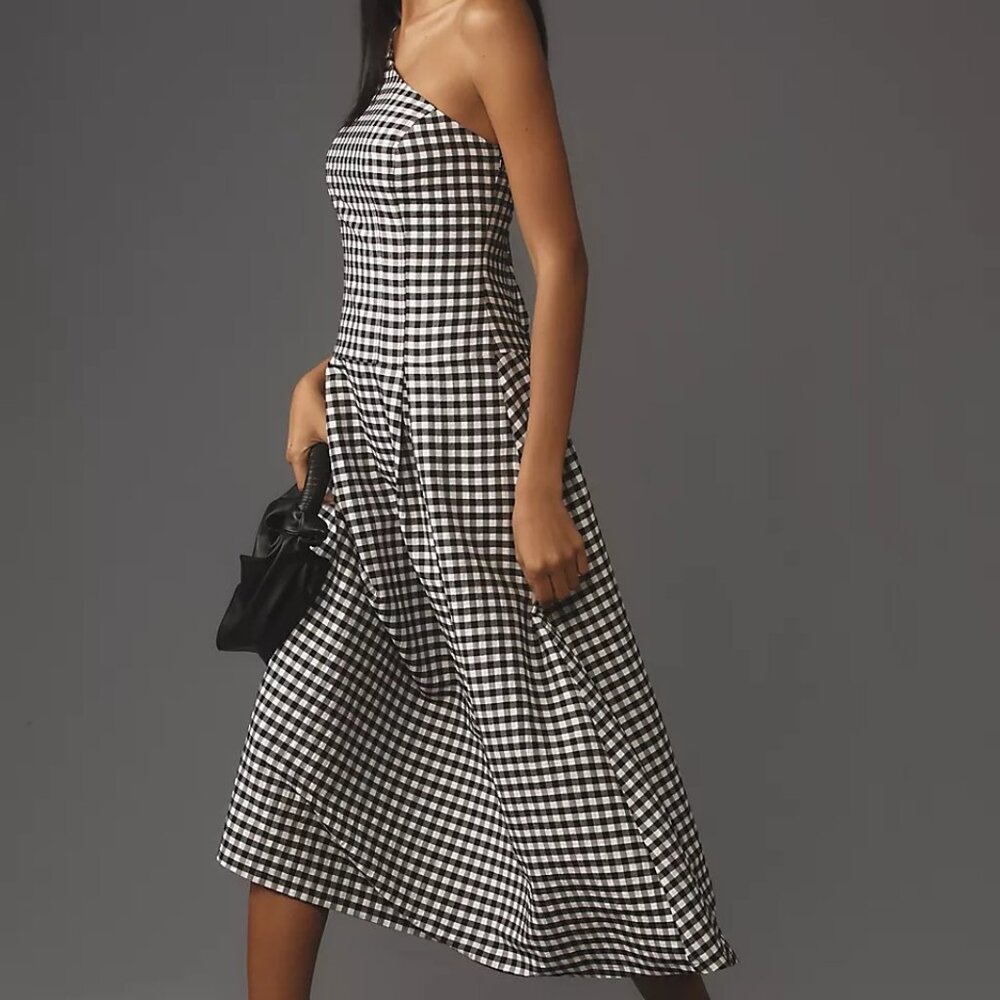 Anthropologie One-Shoulder Gingham Midi Dress - Picture 10 of 13